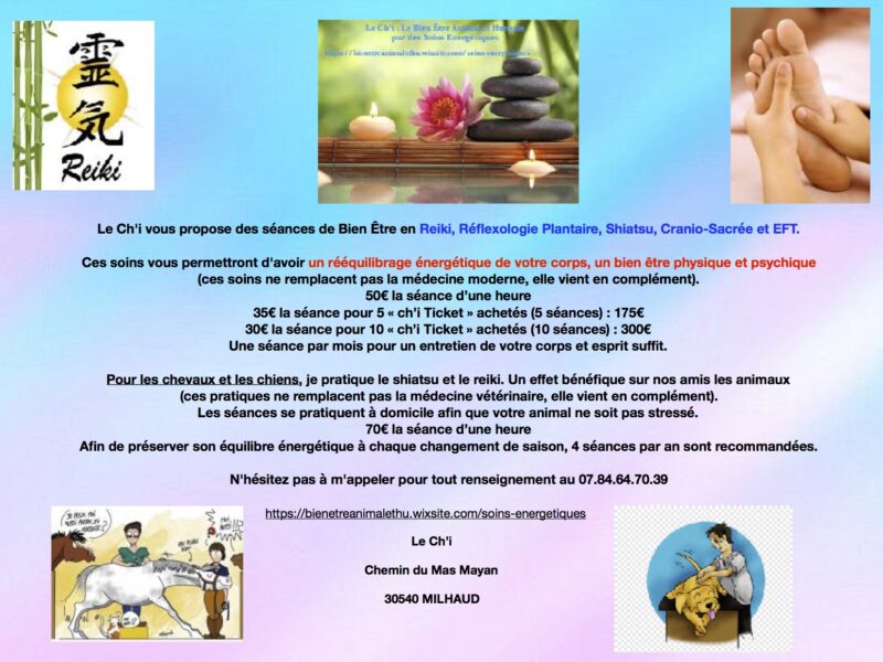 Praticienne Shiatsu équin, canin, humain, Maître Reiki, Algothérapie Equine, Réflexologie plantaire, praticienne cranio-sacrée, praticienne EFT