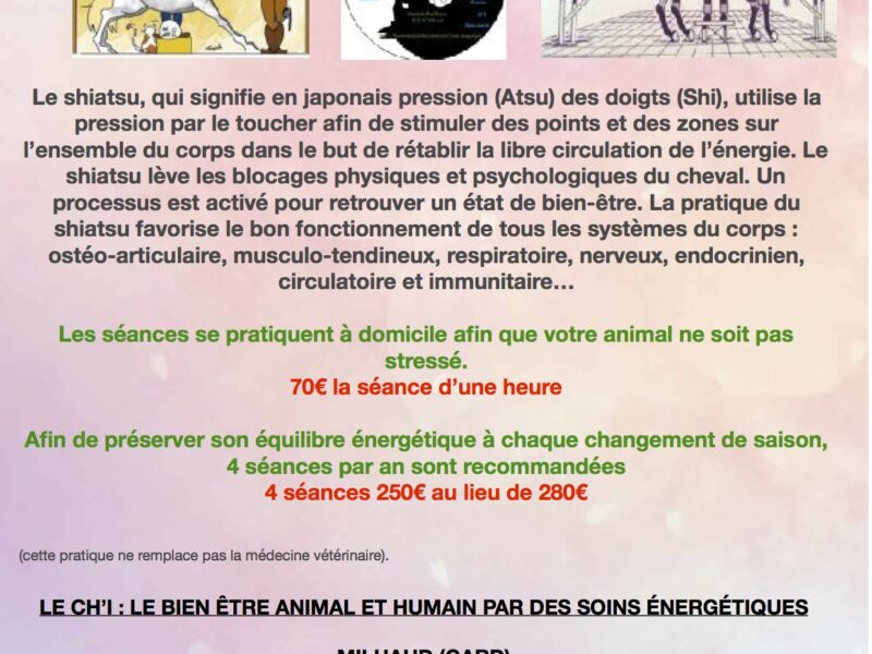 Praticienne Shiatsu équin, canin, humain, Maître Reiki, Algothérapie Equine, Réflexologie plantaire, praticienne cranio-sacrée, praticienne EFT